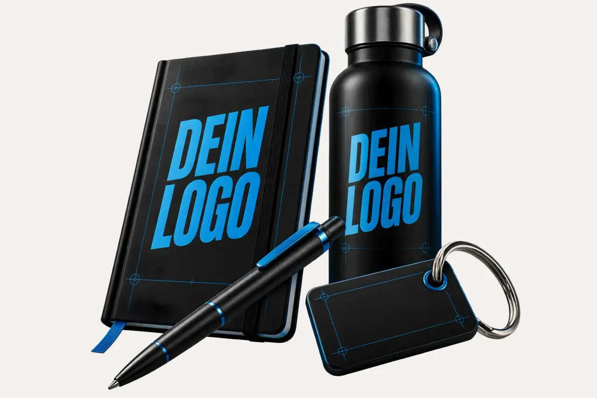 Notizbuch, Trinkflasche, Kugelschreiber und Schlüsselanhänger mit Logo – Werbemittel von PRINTIVE
