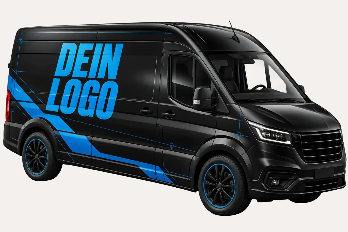 Schwarzer Transporter mit Logo-Beschriftung und türkisen Akzenten – Fahrzeugbeschriftung von PRINTIVE