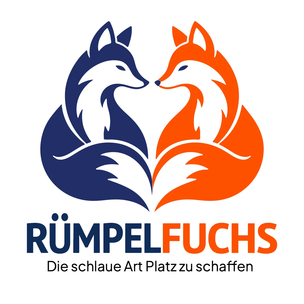 Neues Logo Rümpelfuchs: zwei Füchse in Blau und Orange mit Claim