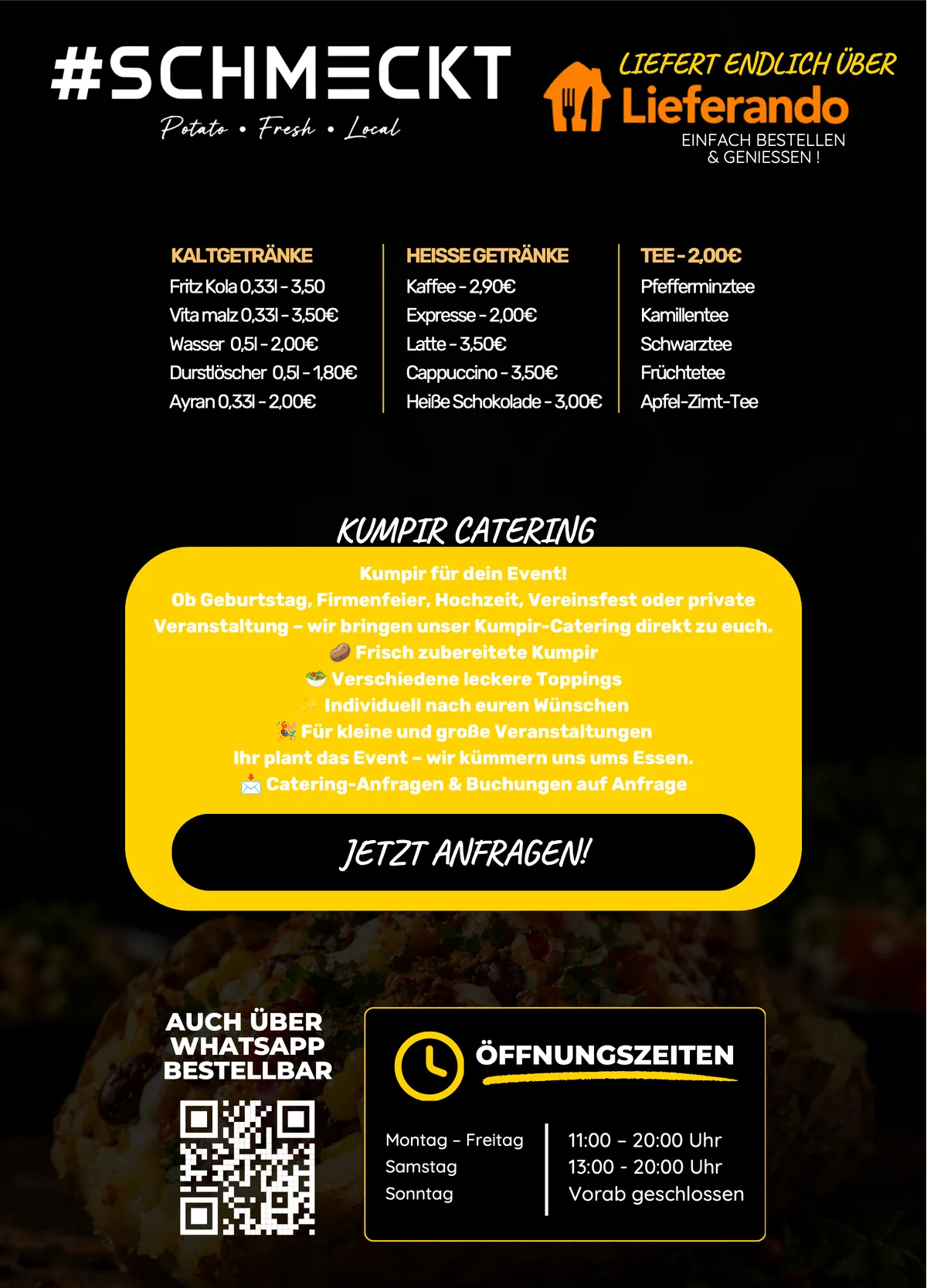 Falzflyer #Schmeckt, Rückseite: Getränke, Catering und Öffnungszeiten